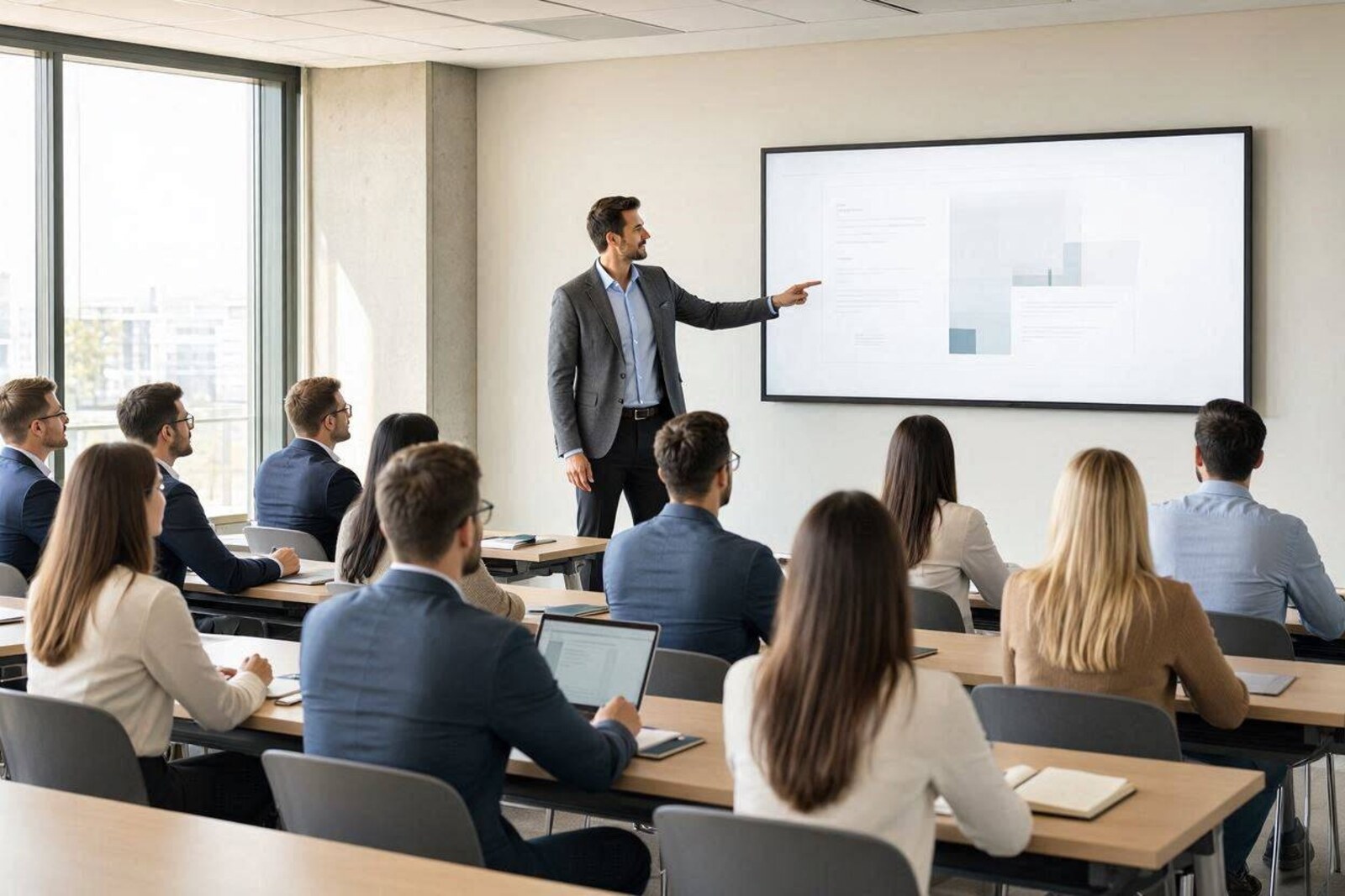 Docente durante un corso di formazione sulla sicurezza in aula, con i partecipanti seduti ai banchi