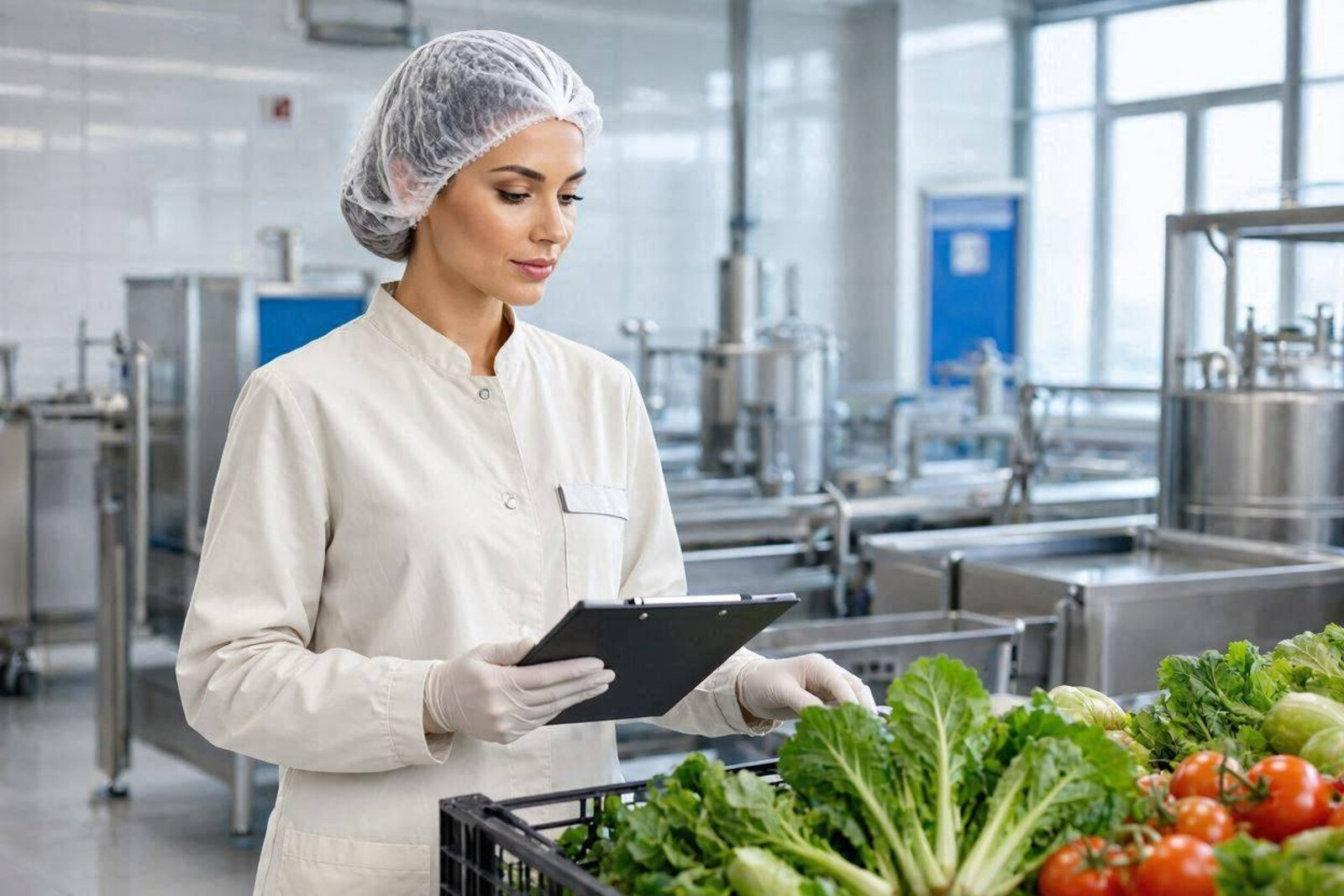 Addetta al controllo qualità alimentare durante un'ispezione