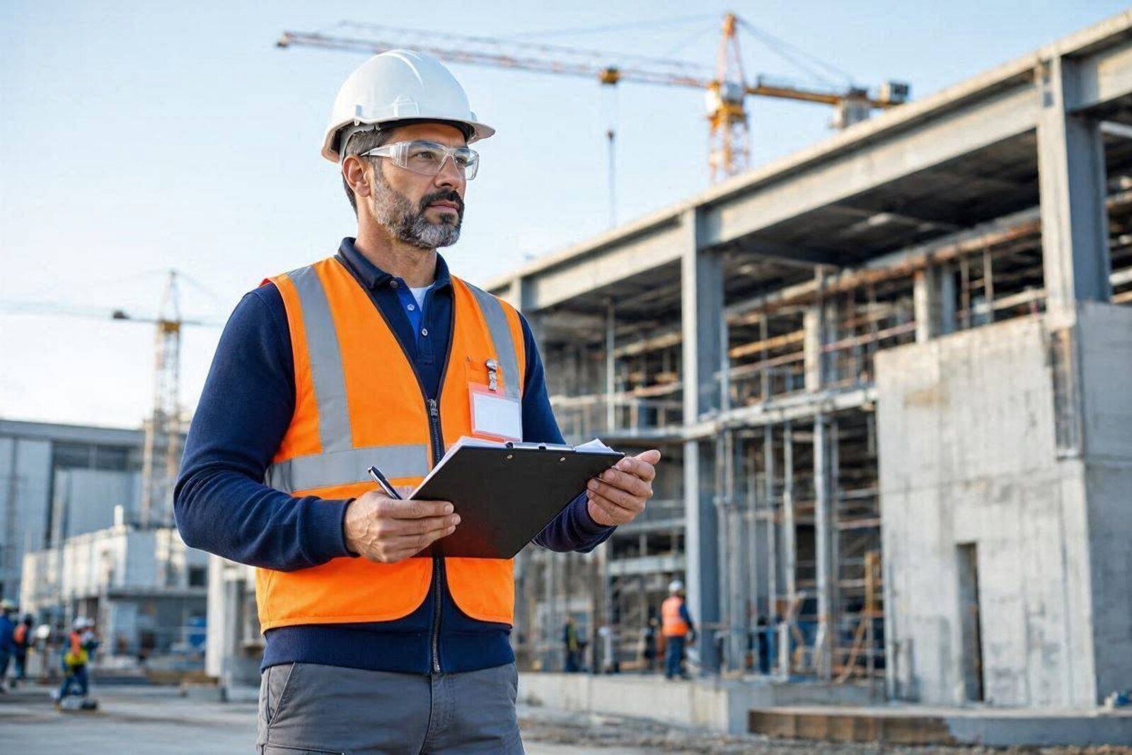 Tecnico della sicurezza con elmetto e gilet ad alta visibilità durante un sopralluogo in cantiere